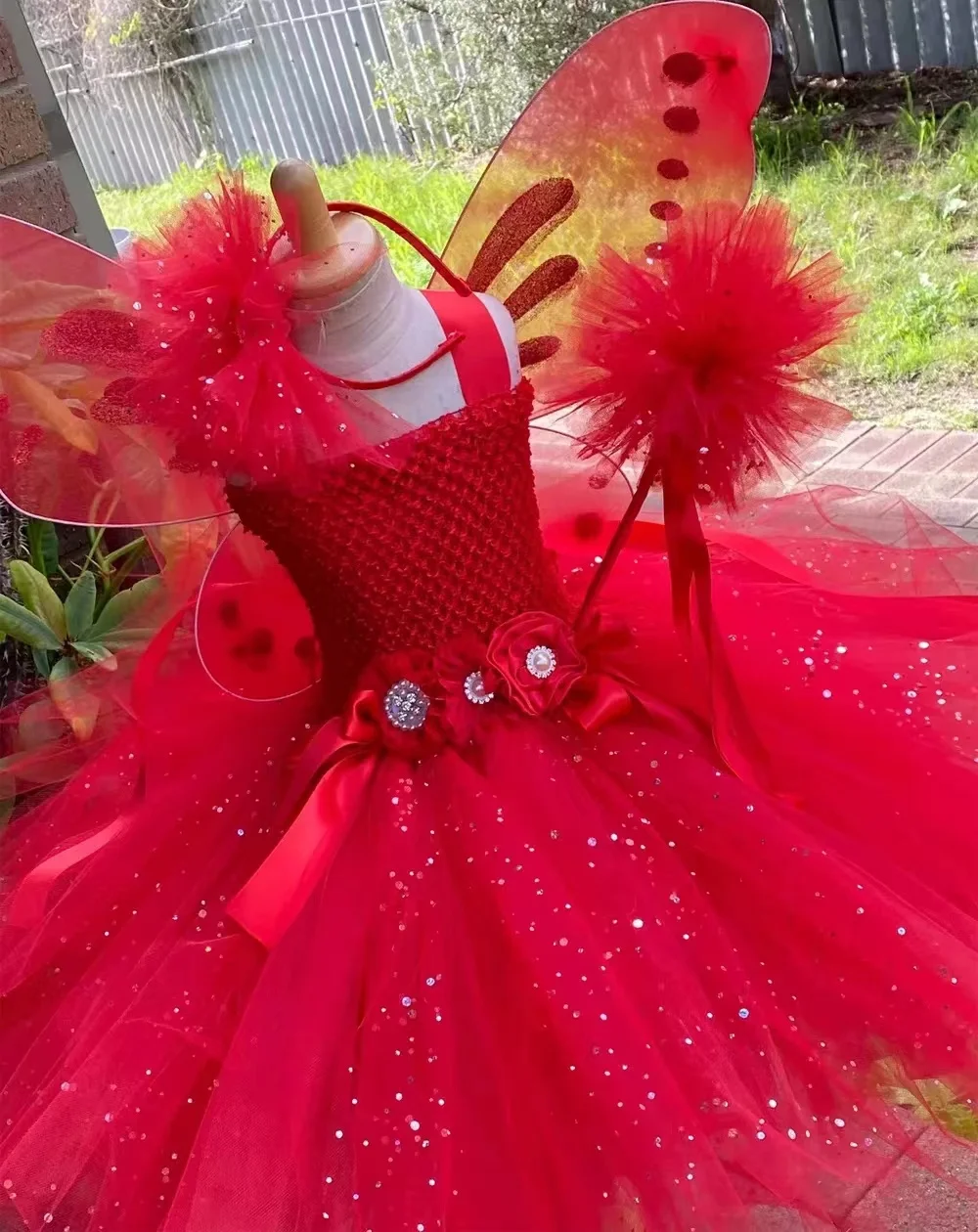 Girls Red Glitter Flower Fairy Dress Kids Sparkled Butterfly Tutu Dress Outfit Children Birthday Christmas Costumes Party Dress