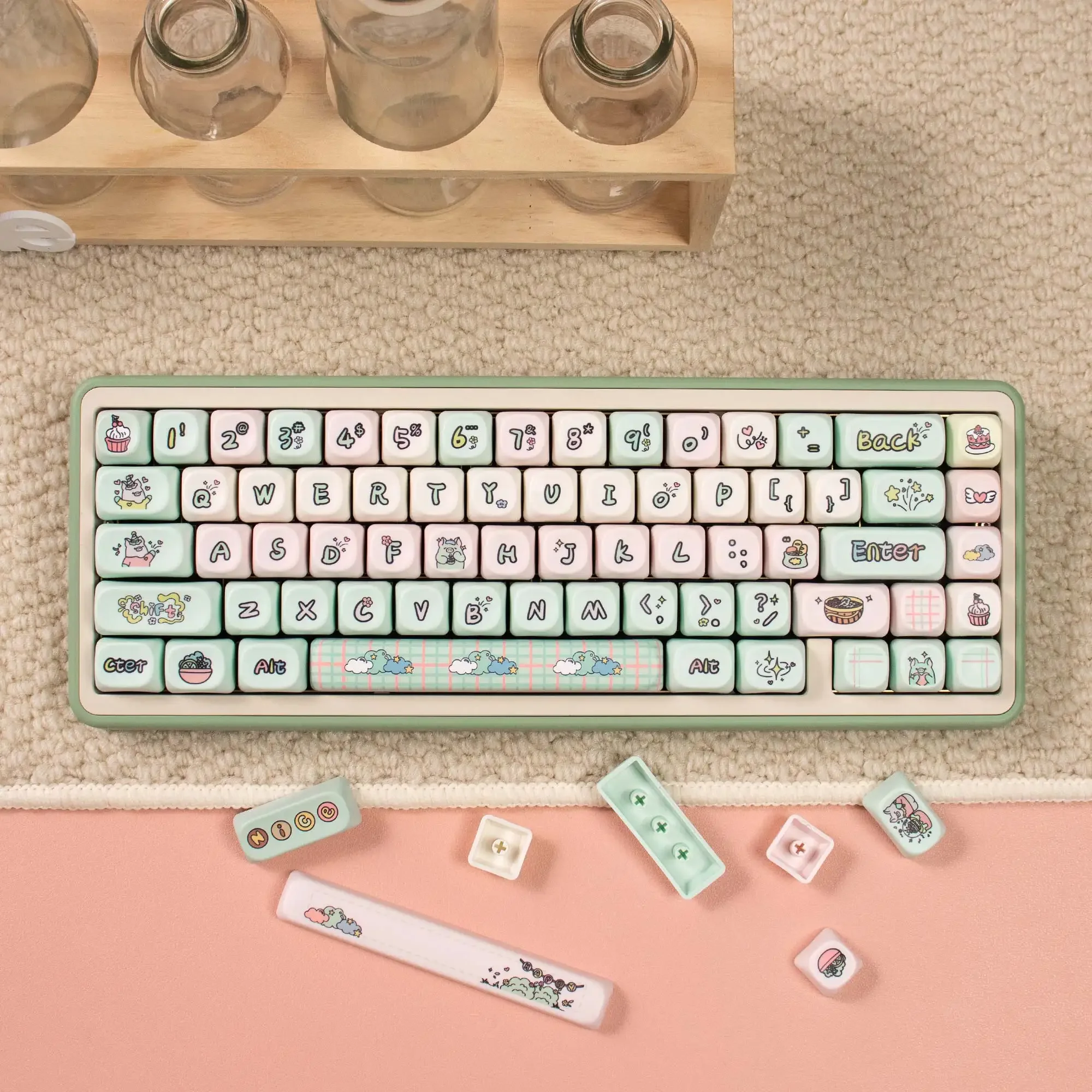 134 keys Moa profile Strawberry Milk Green Pig cute PBT keycap compatible with mechanical keyboard 키캡