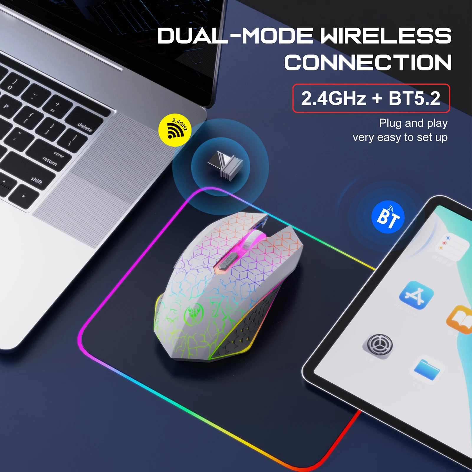 Dual-Mode Wireless Mice 2.4G+BT5.2 Quiet Computer Mice with 7 Color Backlight Portable USB Cordless Gaming Mouse Controller