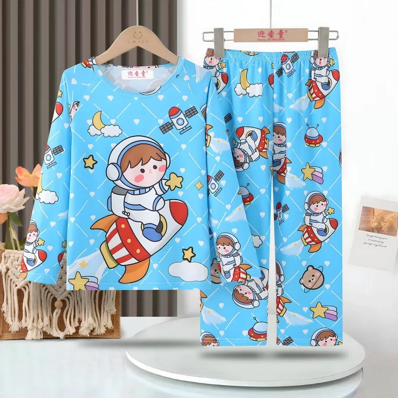 Children's Summer Thin Pajamas Set Long Sleeve Cartoon Print Sleepwear for Boys Girls Kids Loose Nightwear Casual Homewear