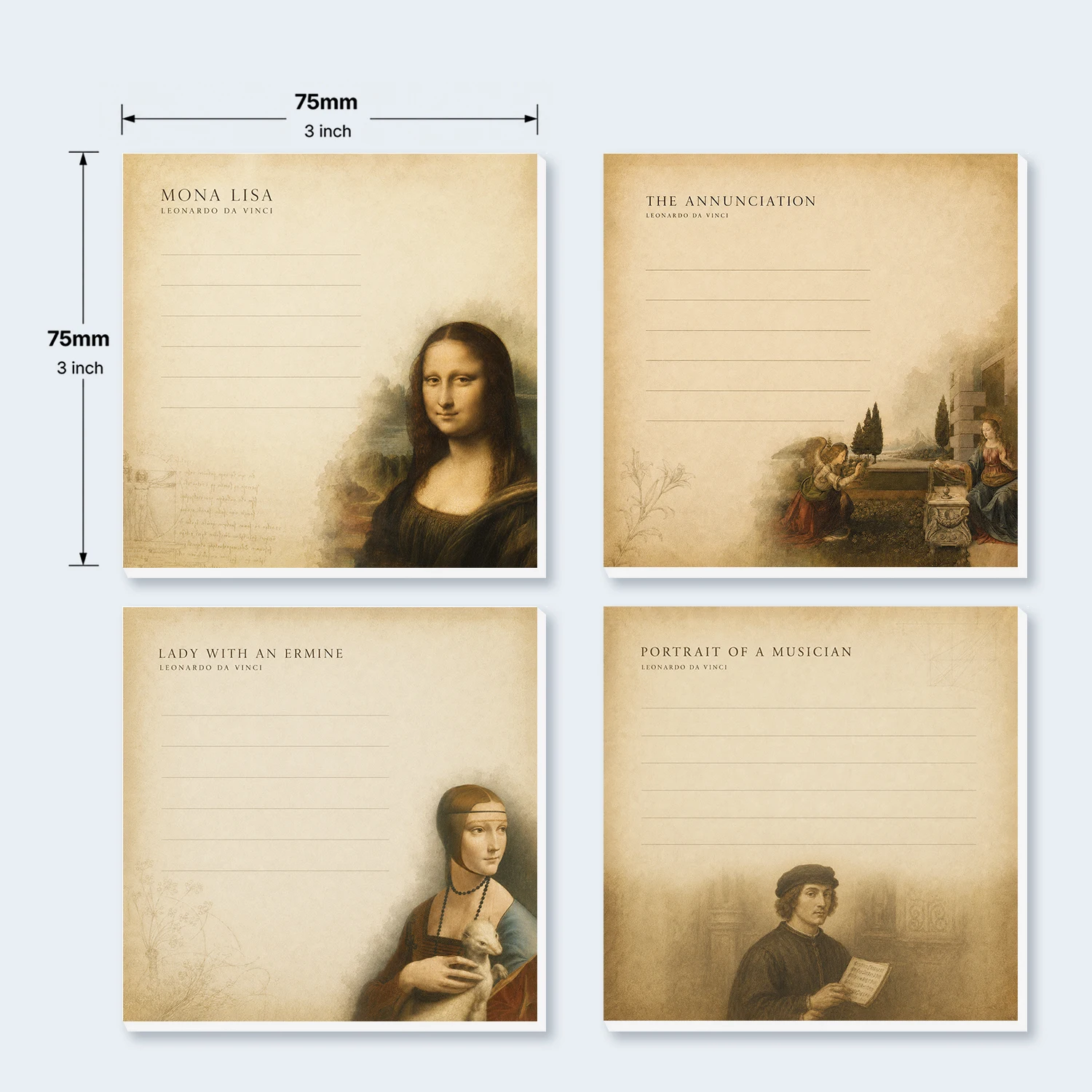 4PCS Classical Art Self Adhesive Sticky Notes 200 Sheets Famous Painting Lined Memo Pads Museum Art Theme Reminder Office Statio