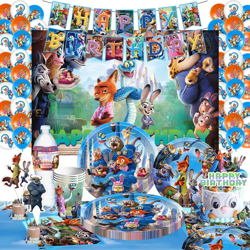 Zootopia décorations de fête d'anniversaire décoration de gâteau tasses assiettes serviette officier lapin et Nick Fox numéro ballon sacs cadeaux bannière