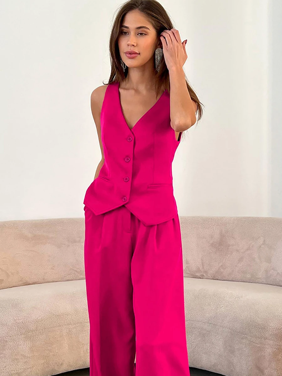 

Fashion Button Vest And Wide Leg Pant Suit Spring Summer Tank Loose Straight Trouser Two Piece Sets Commuter OL Women Outfits