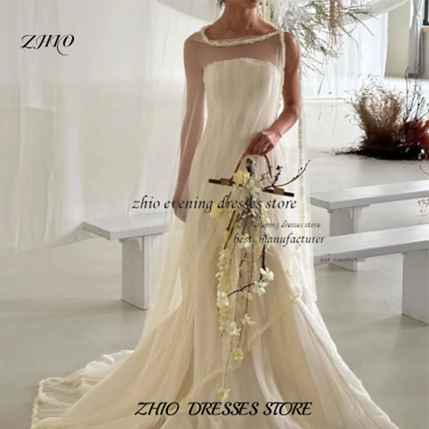 ZHIO Lvory Chiffon Korean Wedding Dress Strapless A-line Tulle Customized Dress Floor Length Suitable For Wedding Shooting