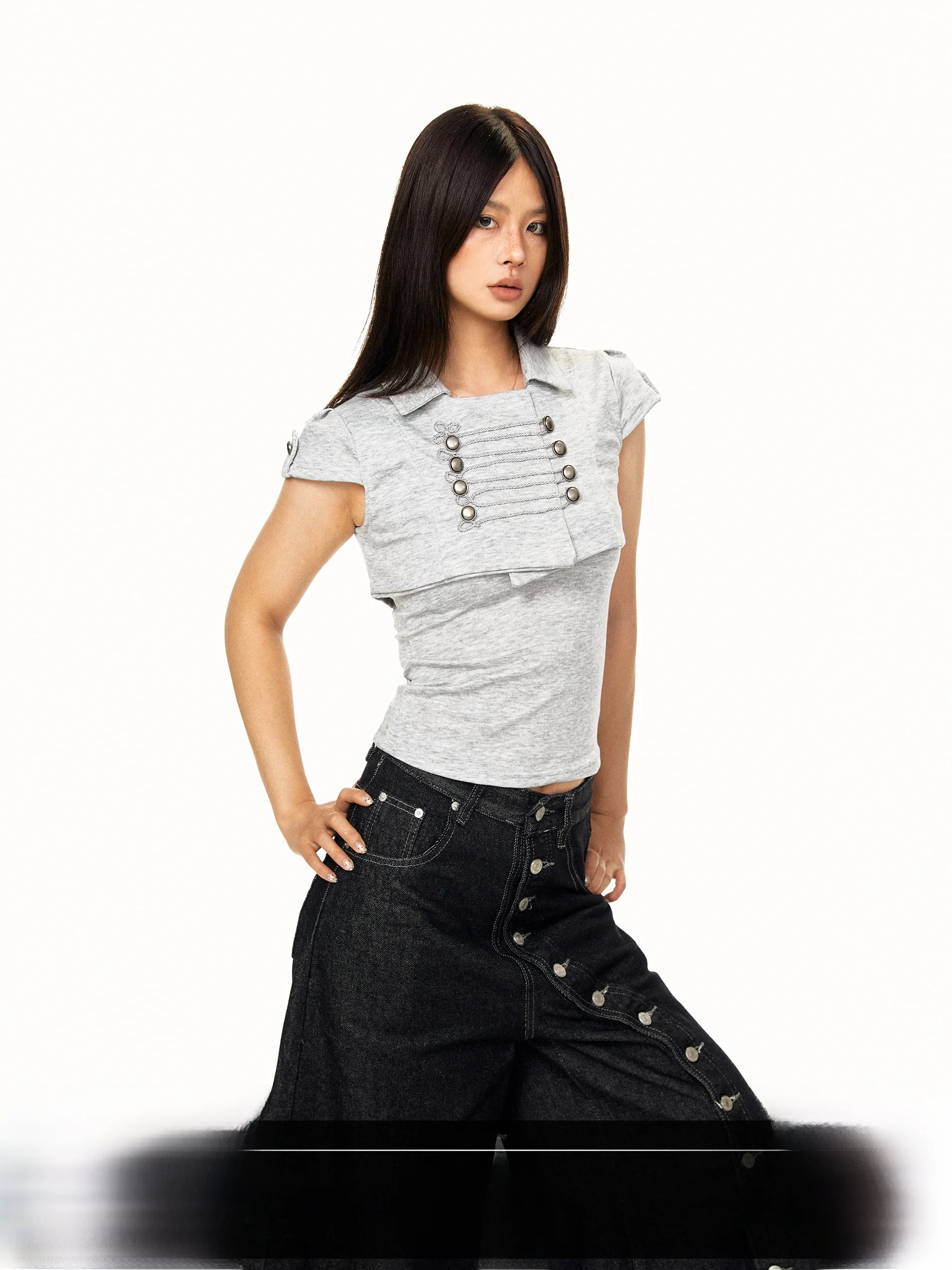 Retro Knight Style Double-Breasted Strap Collar Two-Piece Set Summer Short Jacket Strap Vest Women's Trendy Vintage Wind Clot...