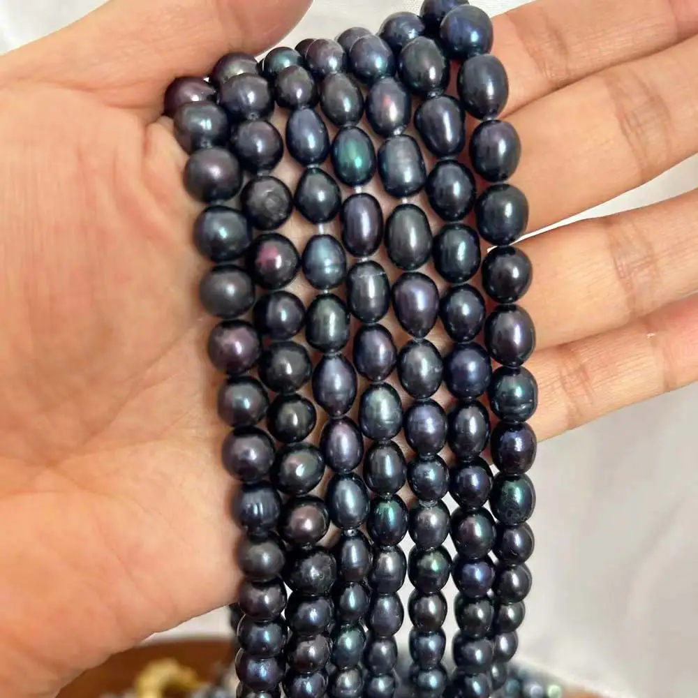 

7-9mm Olivary Rice Round Real Natural Freshwater Cultured Black Pearls Vertical Perforated Beads 36cm Strand For Jewelry Making