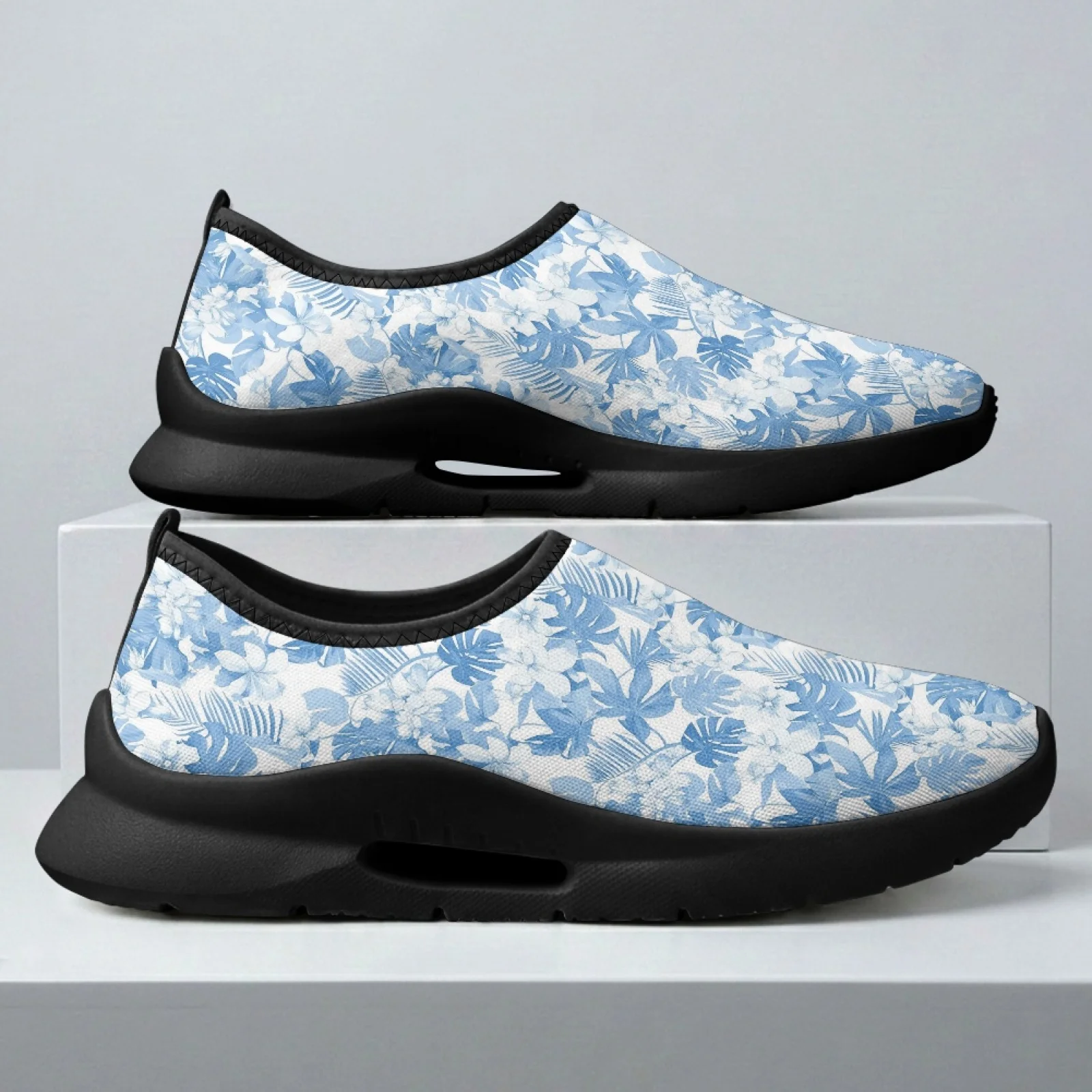 PENSTROLL Blue Tropical Leaf Sneakers Men's Fashion Sneakers for Male, Breathable Comfortable Men's Slip On Sneakers
