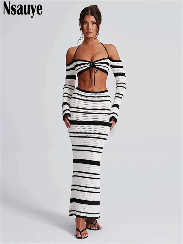 Nsauye Women Beach Holiday Long Sleeve Tops Low Waisted Knitted Y2K Striped Sexy Party Club New Fashion Skirt Two Piece Set 2024