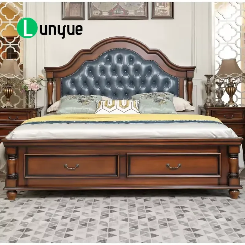 American Retro Solid Wood Storage Bed Large Capacity Durable Engraved Eco Friendly Soft Upholstered Bed for Apartment Bedroom