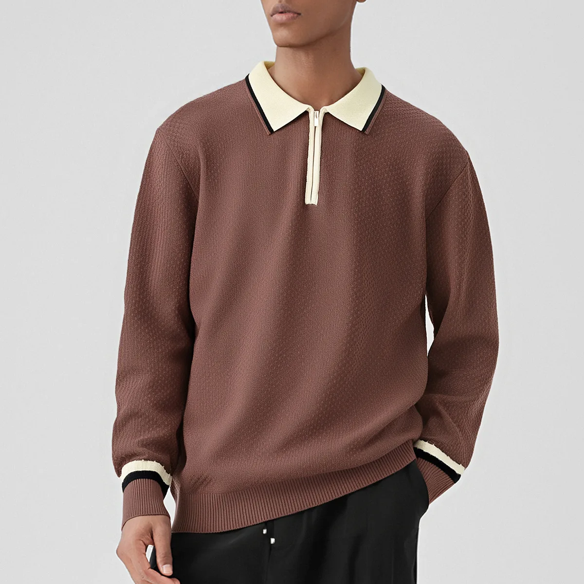 New Men's Knitting Sweater with Zippered Neckline Contrast Color Lapel Design High End Fashionable Style