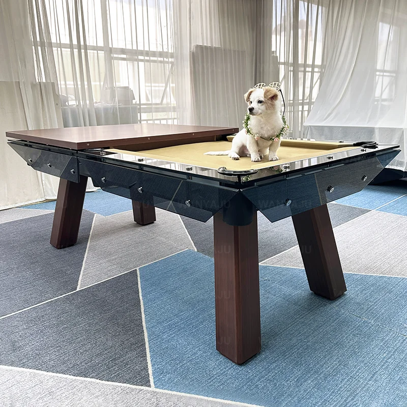 Modern Style Convertible Dining Black Tempered Glass Billiard Tables Modern 8ft Pool Table with Walnut Legs and Glass Top Frame