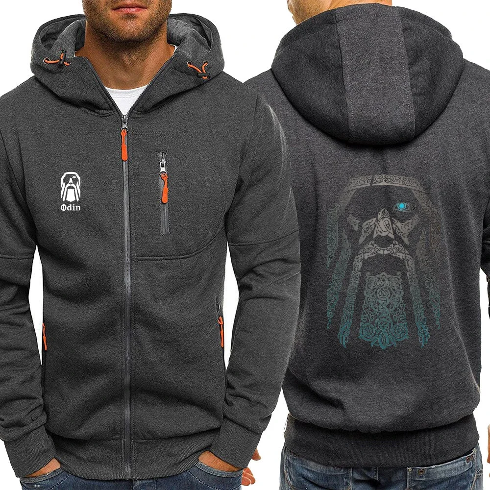 2024 Spring Autumn Men's Vikings Odin Warrior Legend Logo Print Trendy Hooded Vertical Zip Sweatshirt Streetwear Casual Hoodies