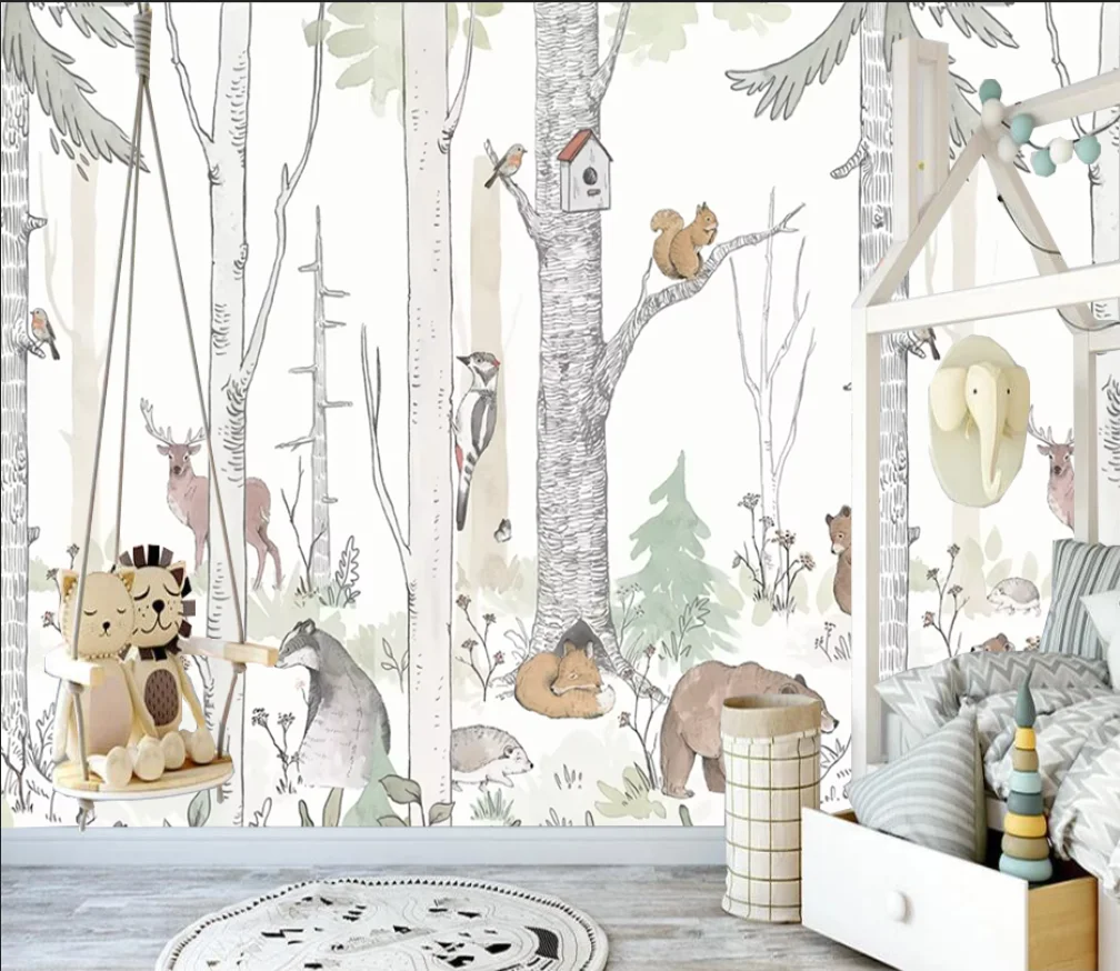 Customized size cartoon forest mural hand-painted forest animal wallpaper home decoration children's room decoration painting