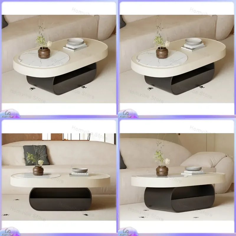 Cream Sunshine Coffee Table with Slate Counter Top and Large Capacity Solid Wood Drawer for Living Room Modern Minimalist