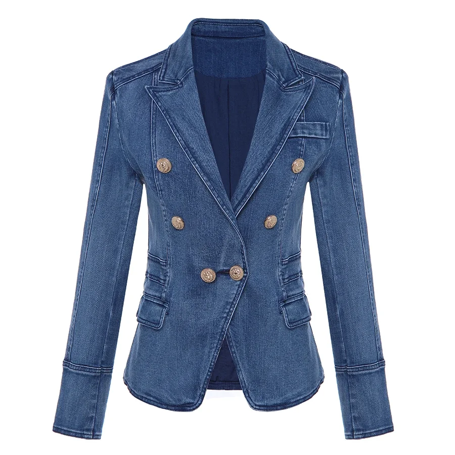 

HIGH QUALITY New Fashion 2023 Designer Blazer Women's Metal Lion Buttons Double Breasted Denim Blazer Jacket Outer Coat