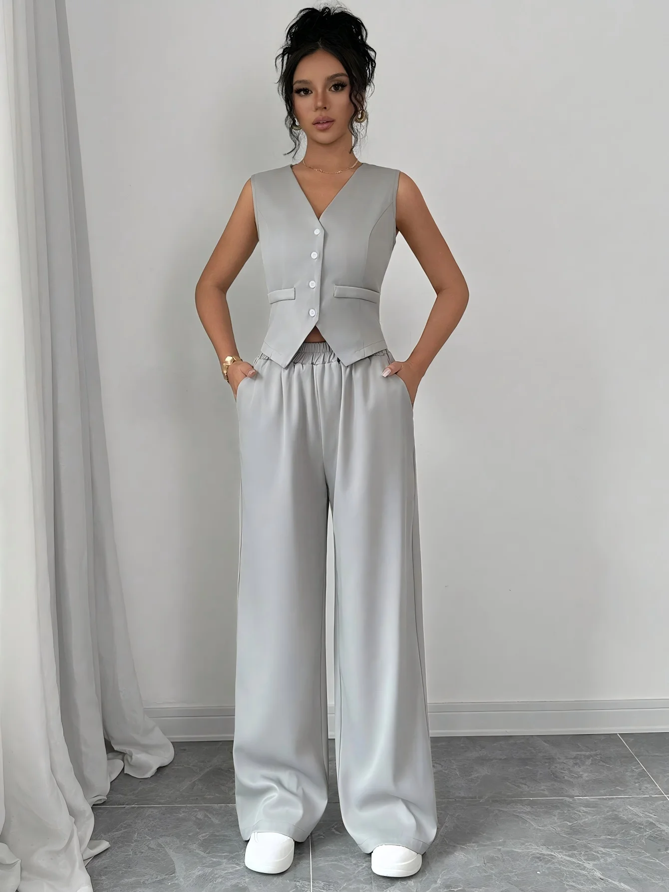 Office Buttons Pockets Tops Wide Leg Pants Women's Matching Sets Korean Fashion Kpop Sexy 2 Pieces Set Woman Quality Clothes