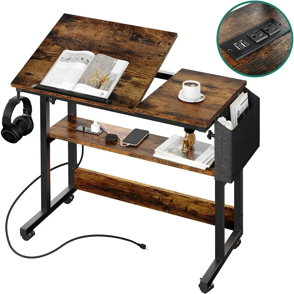 Portable Laptop Table with Charging Station, Height Adjustable Standing Rolling Computer Desk with Tiltable Tabletop