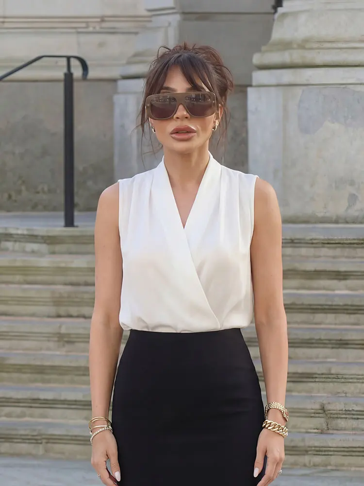 HH Women White Satin Sleeveless Blouse Wrap V Neck Elegant Office Top Casual Silky Tank Top For Work Business Spring Summer