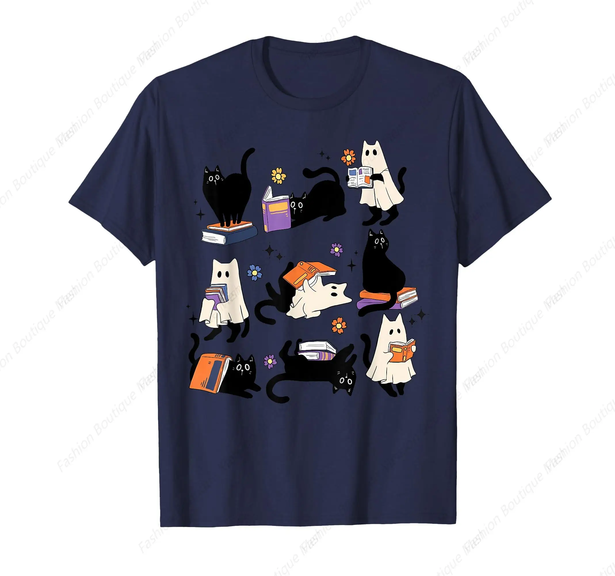 

Cute Ghost Cat Reading Books Lover Bookish Halloween Spooky T-Shirt Soft shirts Pleasure Breathable Short Sleeve 