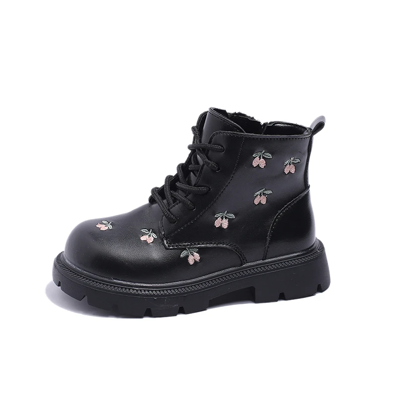 Children\'s Autumn Boots Fashion Black Ankle Boot for Girl PU Leather Elegant Embroidery Flower Causal Kids Shoes Side Zipper