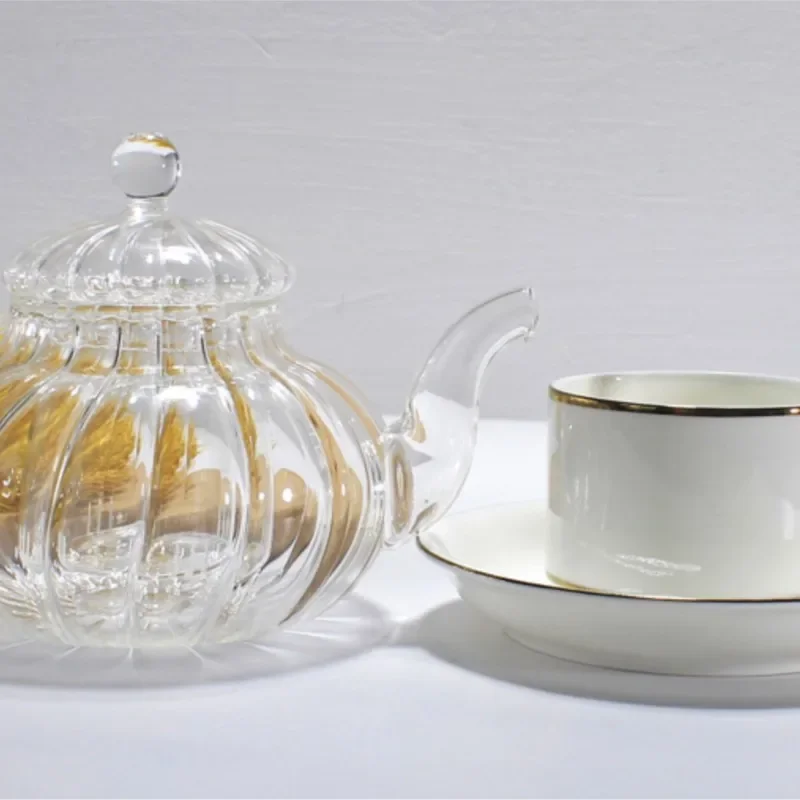 2pcs Set, Pumpkin Glass Tea Pot and Bone China Afternoon Cup with Saucer, for Service Cafe, Porcelain Cups Coffee