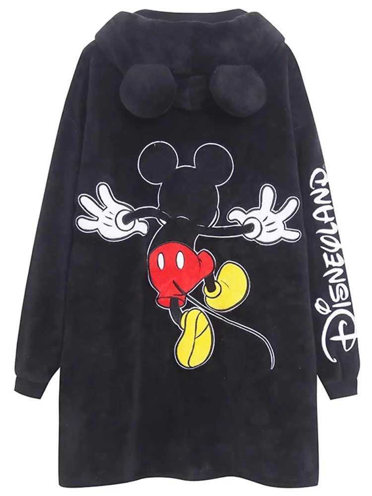 Disneyland Letter Mickey Mouse Print Embroidery Sweatshirt Women Hooded Pullover Velvet Warm Long Oversize Tee Top Jumper Unisex