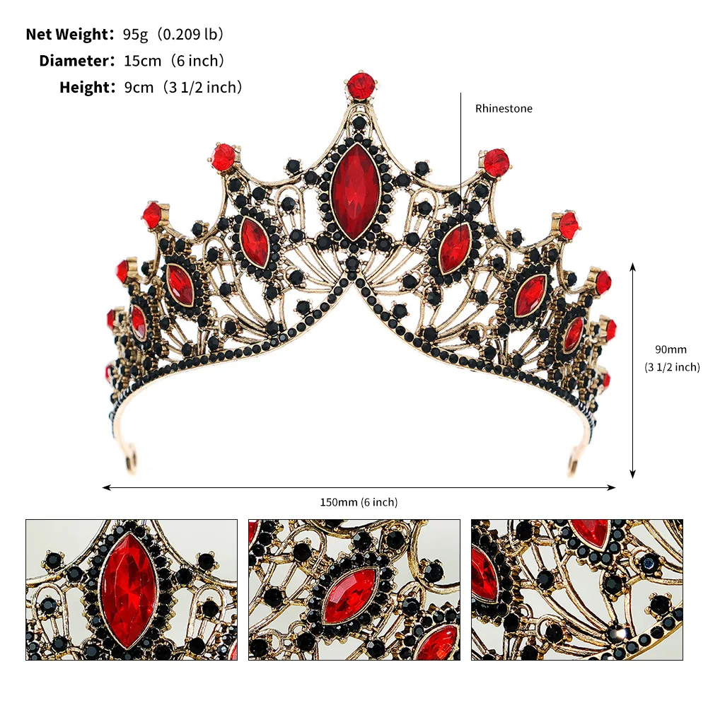 Halloween Vintage Prinzessin Königin Dunkle Krone Kopfbedeckung Kristall Tiara Für Frauen Rote Krone Haar Kleid Zubehör Schmuck – Detail 24