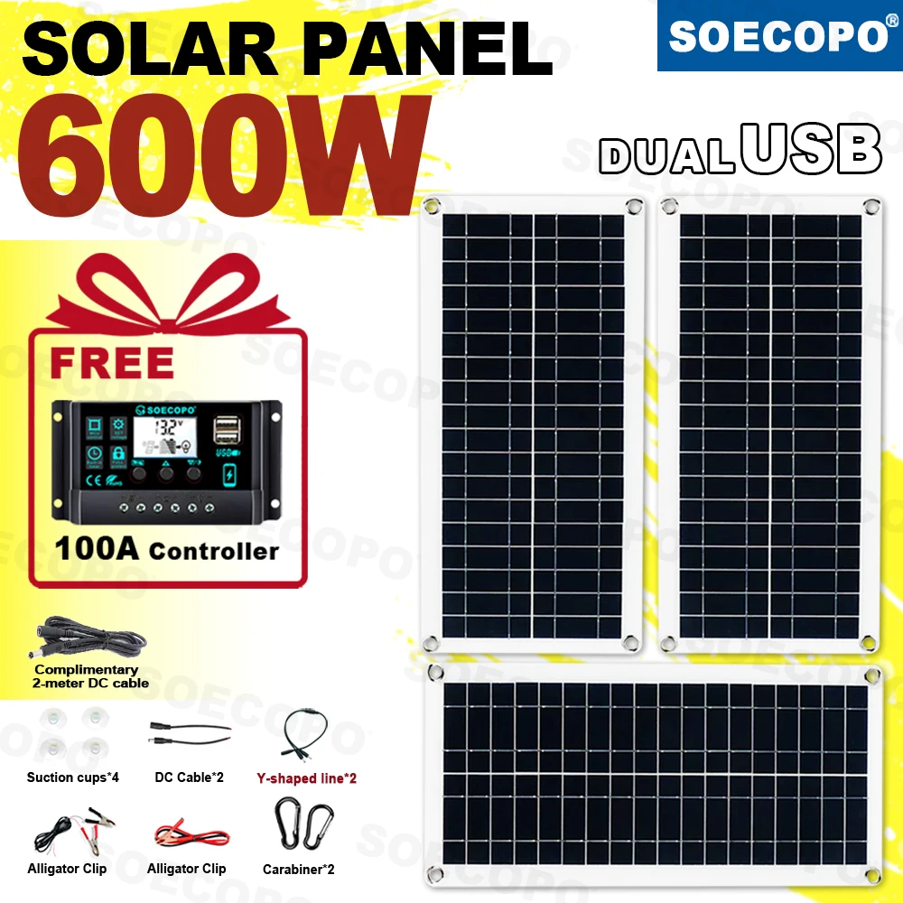 SOECOPO 600 W Solarpanel-Set, 3 x 200 W, tragbare Photovoltaik-Panels mit kostenlosem 100-A-Controller, USB 5 V, perfekt für Campingausrüstung