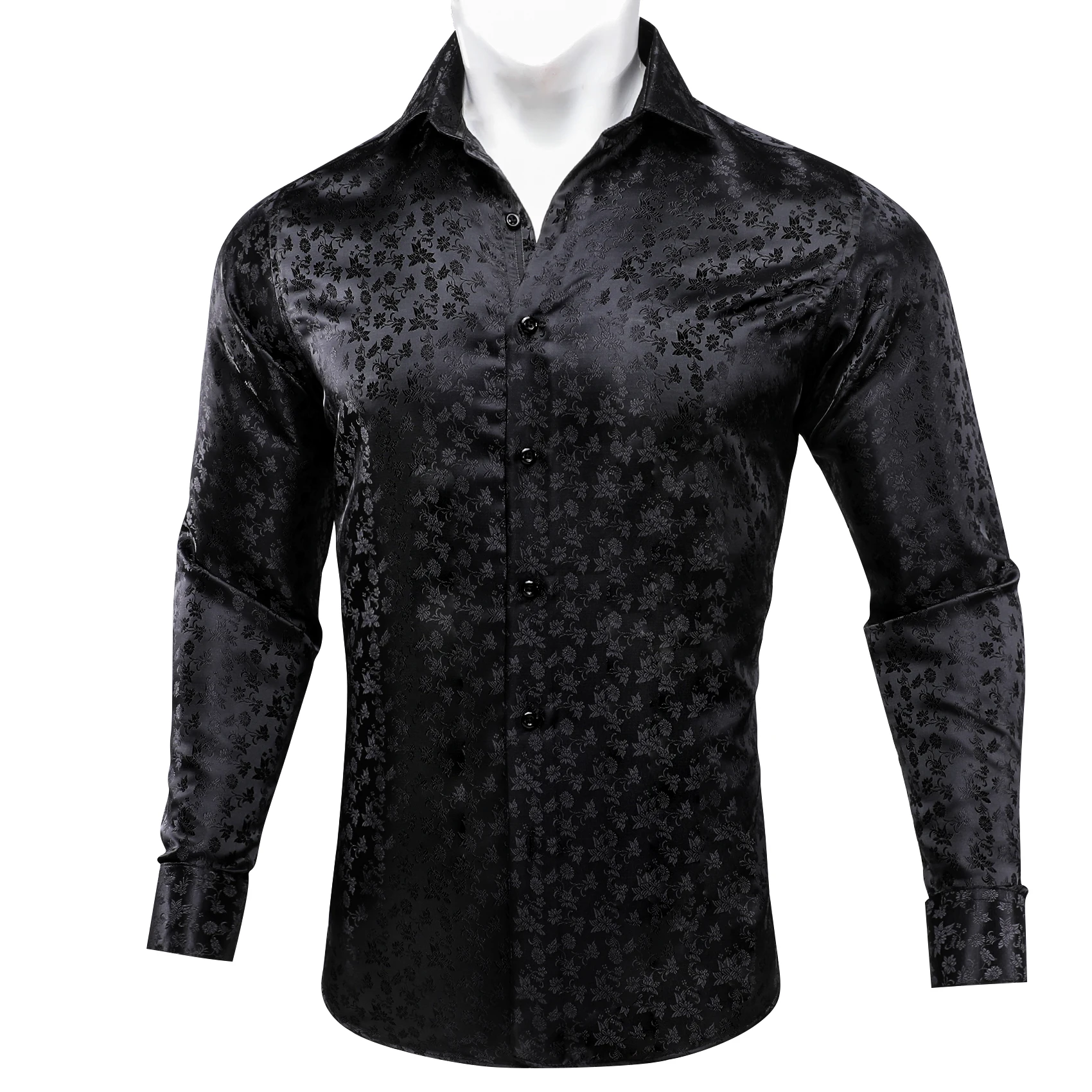 Barry Wang Mens Shirts Black Floral Silk Embroidered Long Sleeve Slim Causal Turn Down Breathable Colorfast Men Clothing Tops