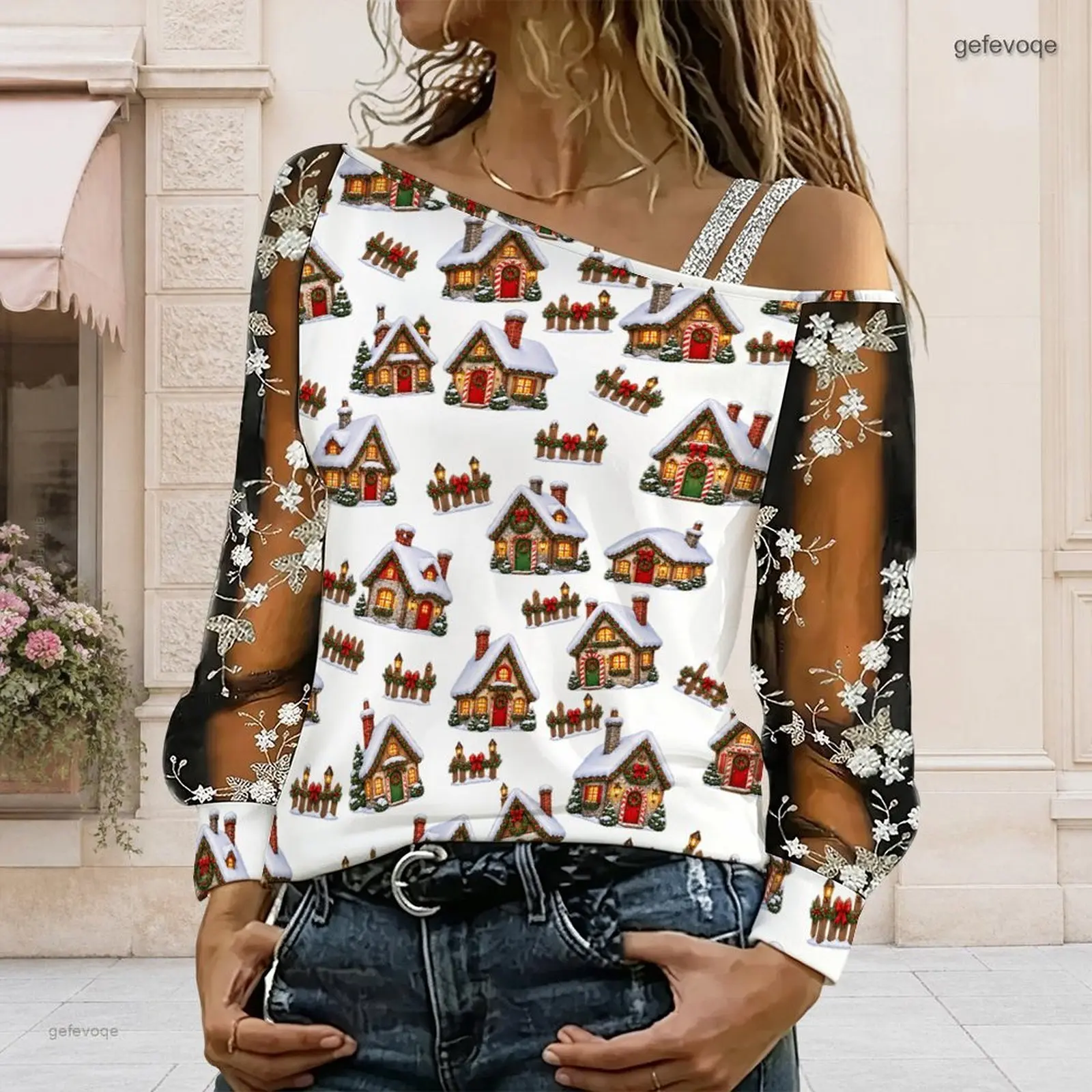 Women Christmas Light Bulb Holly Print Asymmetric Cold Shoulder Long Sheer Floral Sleeve Top