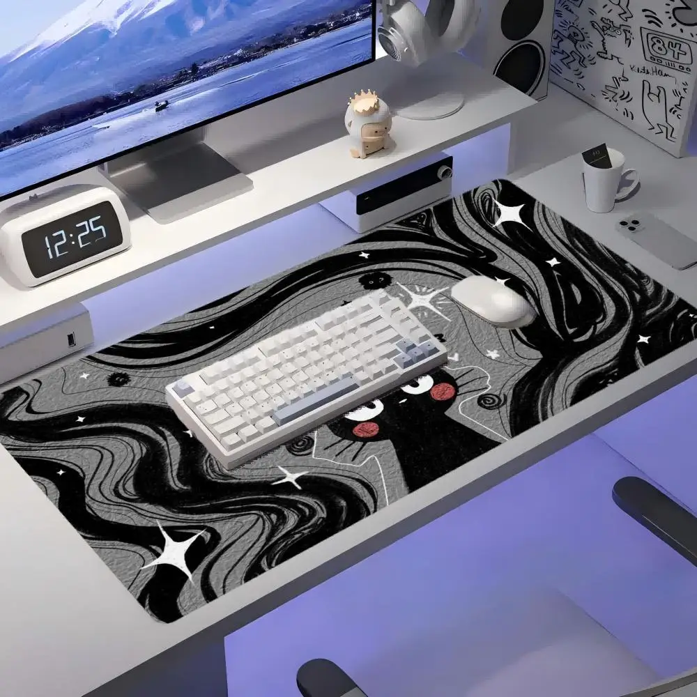 Gato preto dos desenhos animados em fundo cinza preto Tapete de mouse lavável com fundo de borracha antiderrapante adequado para trabalho e jogos e escritório