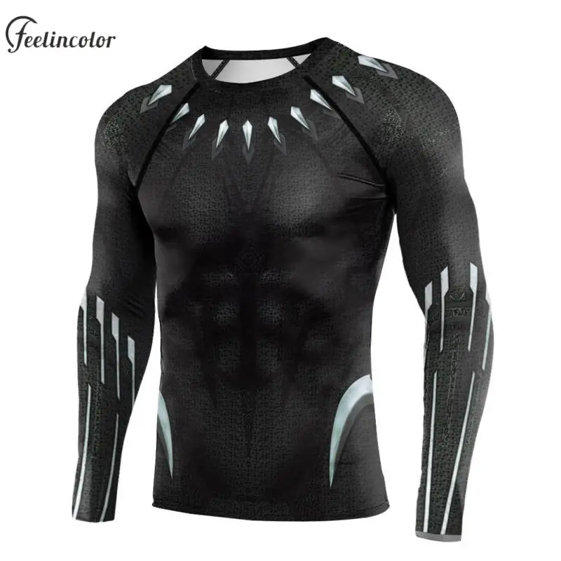 Halloween Superhero Cosplay T-Shirt for Men Panther Printed Long Sleeve Compression Shirt Breathable Male Outdoor Sportwear