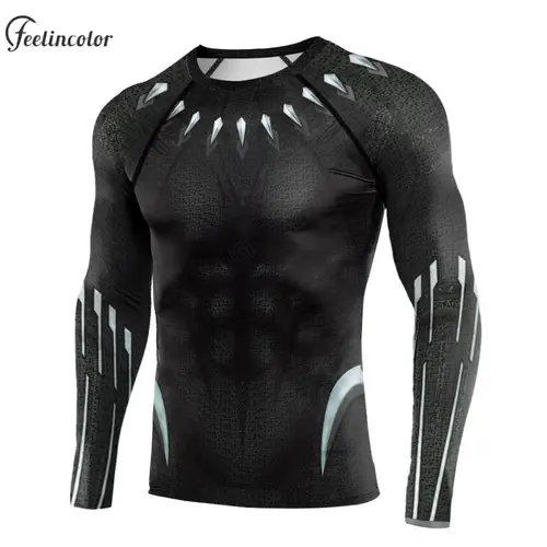 Camiseta de Cosplay de superhéroe de Halloween para hombre, camisa de compresión de manga larga con estampado de pantera, ropa deportiva transpirable para exteriores