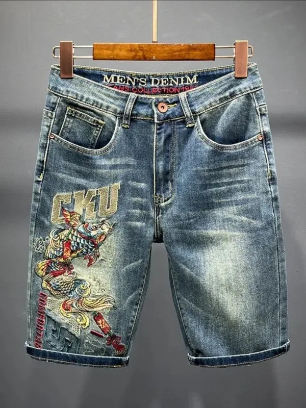 

Men's Casual Loose mid Waist Jeans orts Embroidered Koi Fi Straight Leg Summer Vintage Youth Faion orts