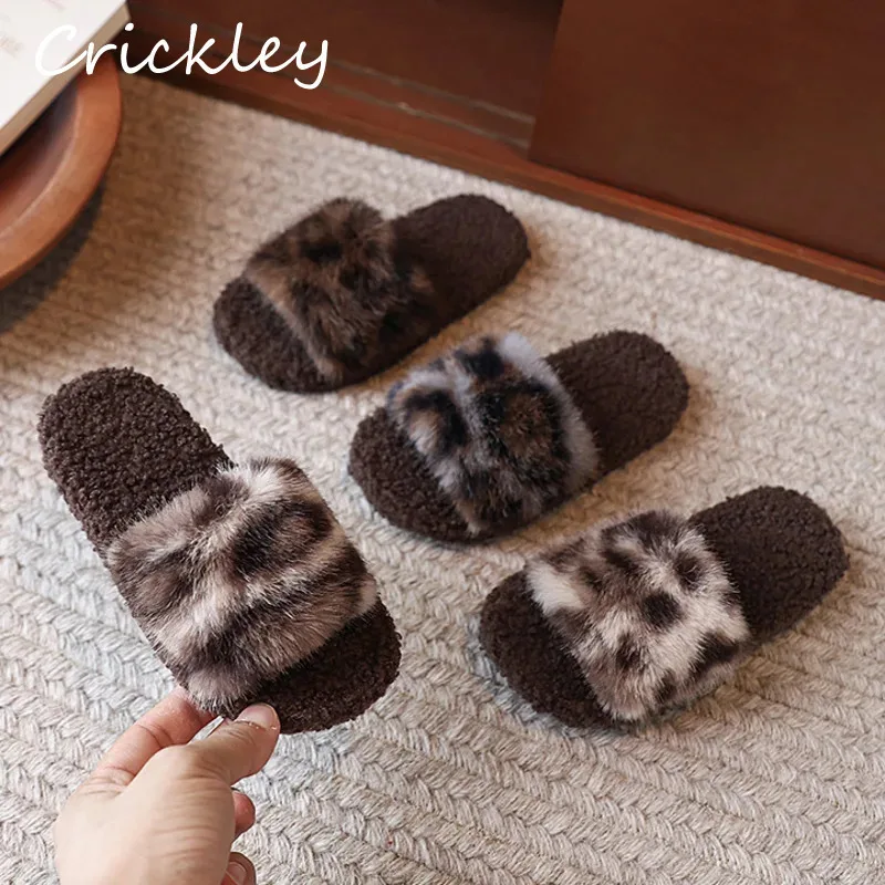 

2025 Leopard Girls Home Slippers Autumn Winter Faux Fur Children Flats Slippers Plush Soft Bottom Anti Slip Kids Outdoor Shoes
