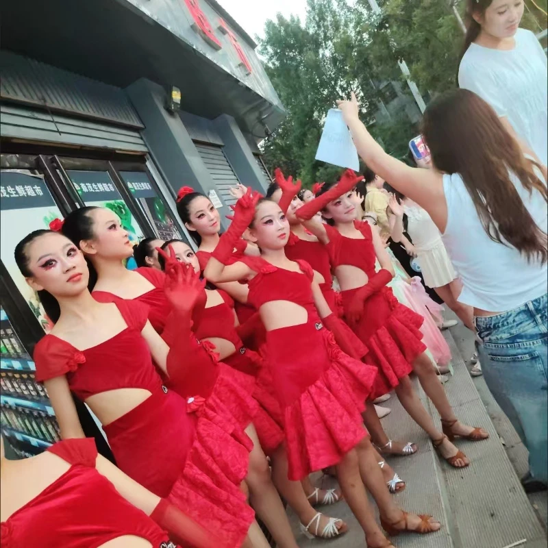 Latin Skirt Ball Dance Competition Dress Stage Costume Dancewear Outfits Evening Girls Line Party Prom Sports Clothes Customized