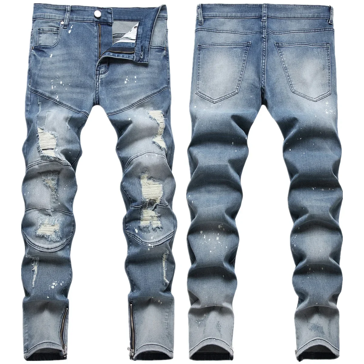 Patchwork complex nostalgic monkey point hand splash process hole patch foot fashion jeans pants