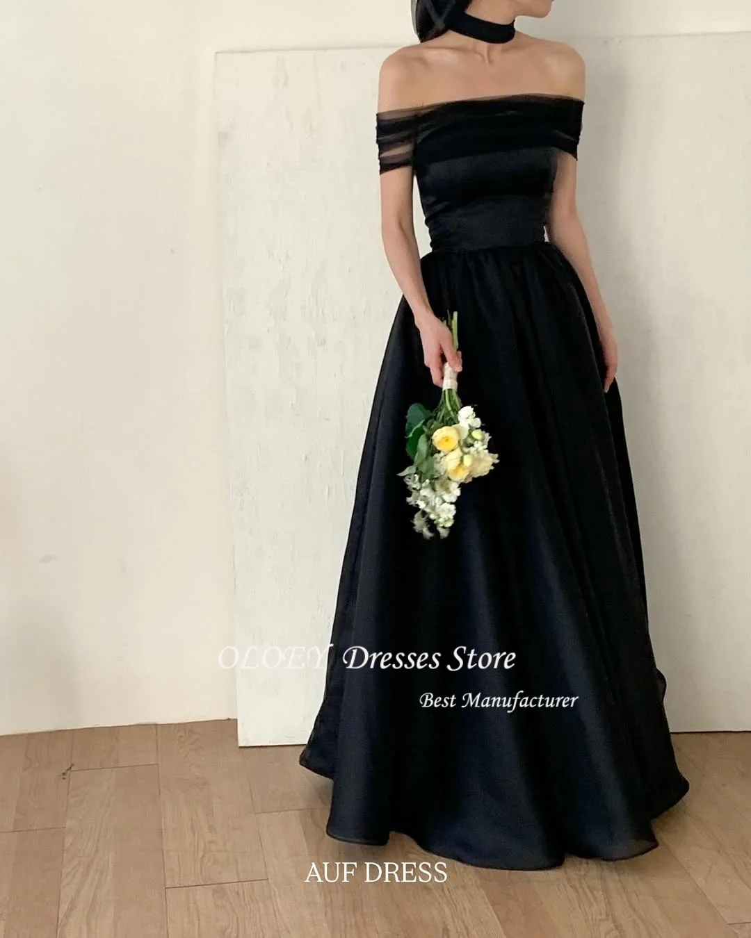 فساتين سهرة OLOEY باللون الأسود على شكل حرف A كورية لالتقاط الصور مخصصة 3 أنماط بأكمام قصيرة فساتين حفلات لحفلات الزفاف بأربطة