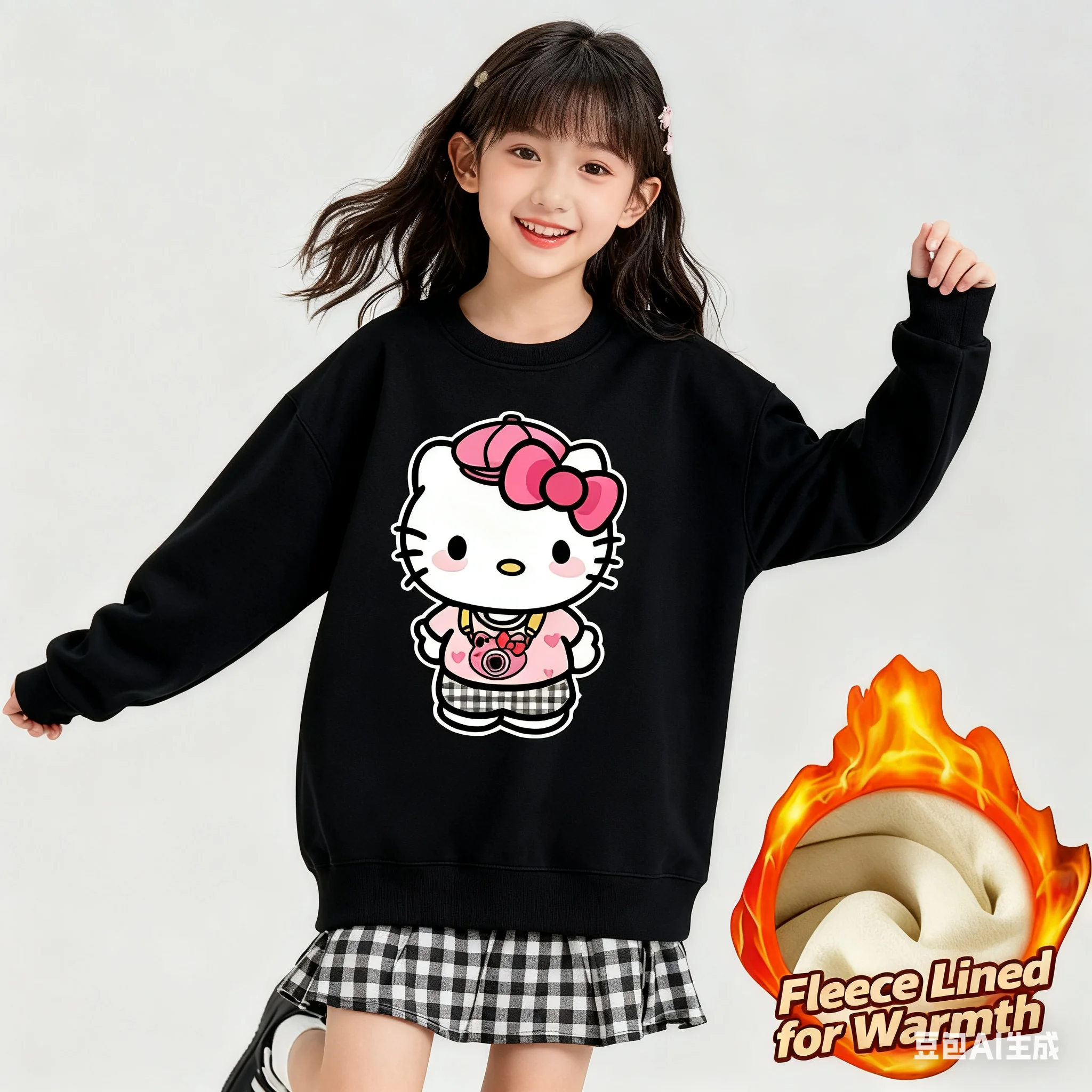 

Sanrio Series Printed Crew Neck Long-Sleeve Top, Cute and Warm Fleece-Lined Crew Neck Long-Sleeve T-Shirt, 100% Cotton