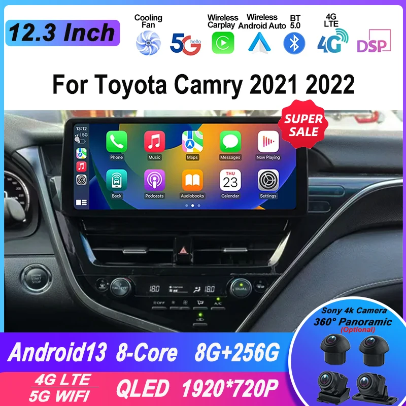 12.3 Inch Screen Android For Toyota Camry 2021 2022 Car Multimedia Video Player GPS Navigation Radio Wireless Carplay DSP Sound