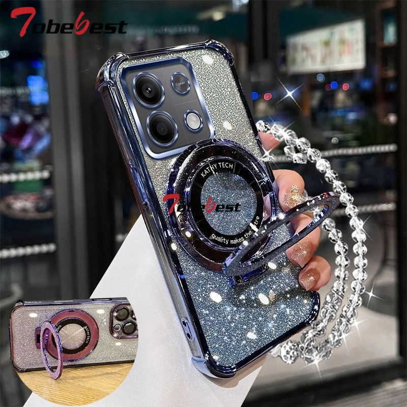 Shockproof Glitter Plating Crystal Bracelet Magsafe Phone Holder Case For Xiaomi Redmi Note 14 13 13R 12 11 10  9 Pro 4G 5G