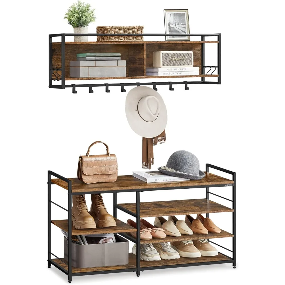 

Shoe Cabinet with Bench, Coat Rack Shoes Bench Set, 12 Metal Hooks, 4-Tier Shoe Rack, for Entryway, Bedroom