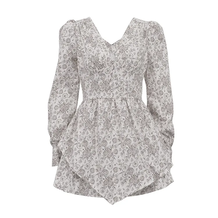 2025 outono novo estilo retro elegante impresso com decote em v vestido de manga comprida com bainha feminina e saia linha a de cintura alta