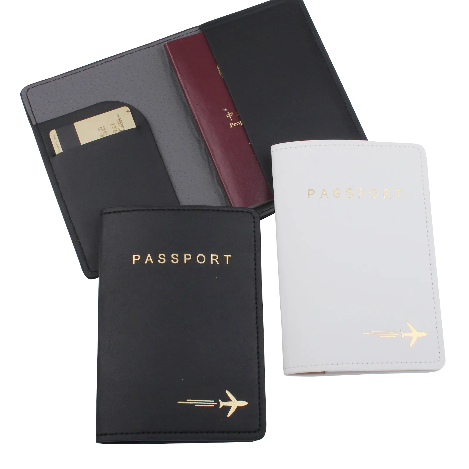 

Passport Cover Black and White Plain Leather Card Holder Aircraft Travel Document Storage Bag Passport Anti-wear Protection