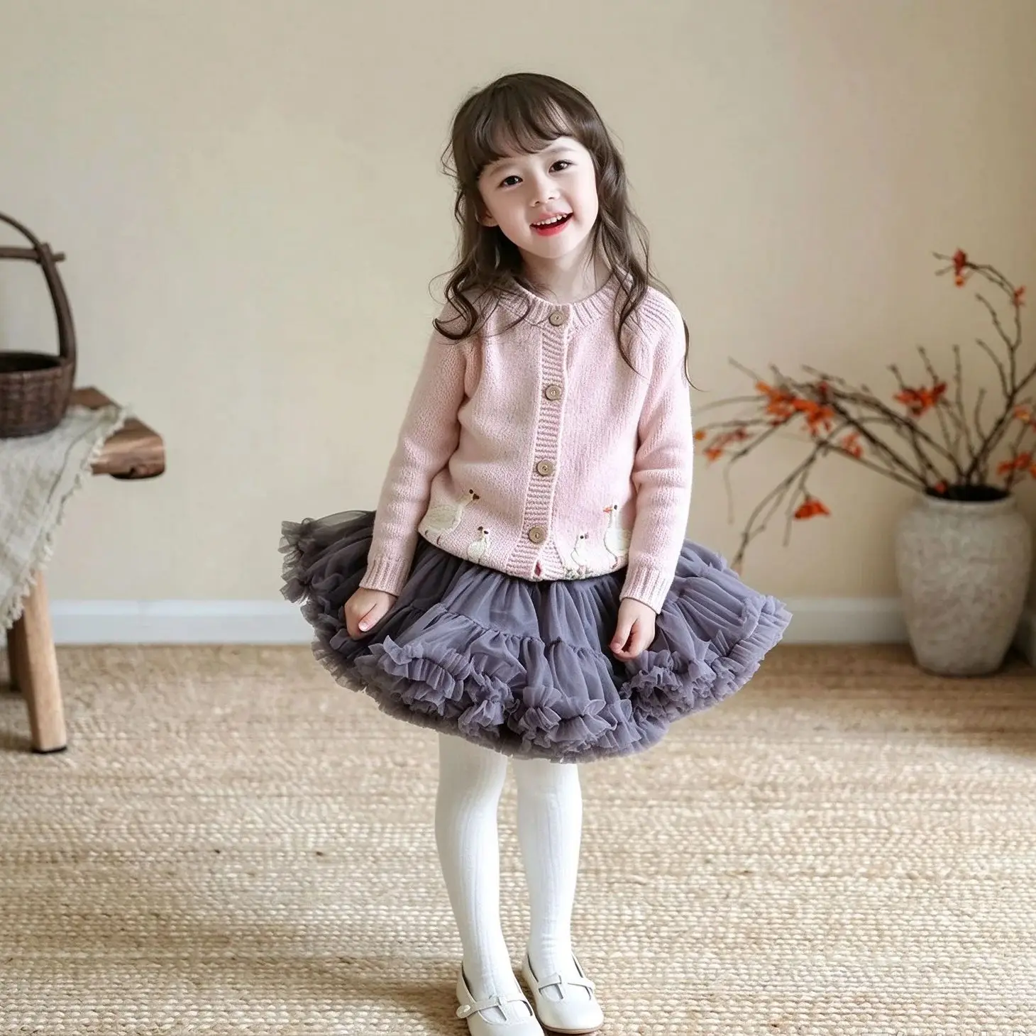 New 2026 Autumn Winter Little Girls Knit Cardigan, Hand Embroidered Duck Pattern, Coconut Buttons Round Neck Kids Outerwear