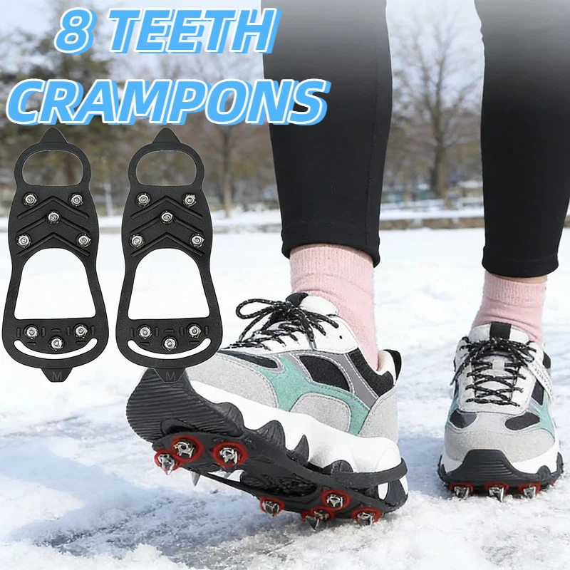 Crampones de 8 Dientes para Zapatos, Antideslizantes para Invierno, Senderismo, Montañismo, Hielo y Nieve, Cubre Zapatos Antideslizantes
