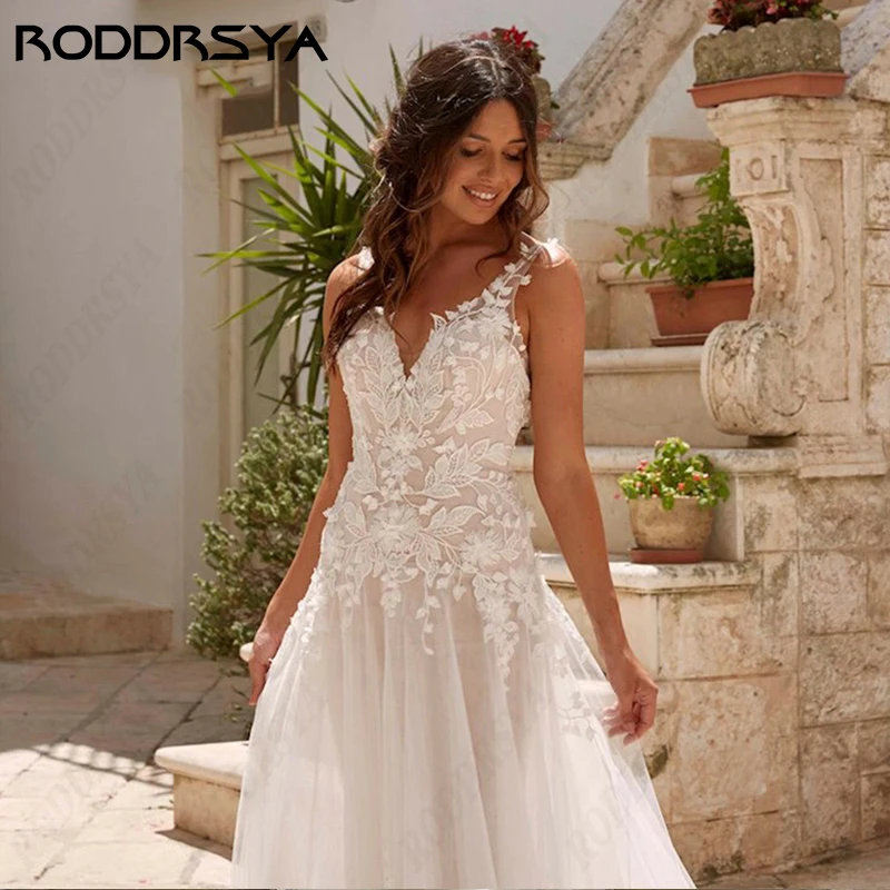 RODDRSYA Romântico Lace Vestido De Noiva Para As Mulheres Sexy Spaghetti Straps Backless Noiva Partido Elegante Tule A linha Vestido De NoivaRomântico Lace Vestido De Noiva Para As Mulheres Sexy Spaghetti Straps Backle