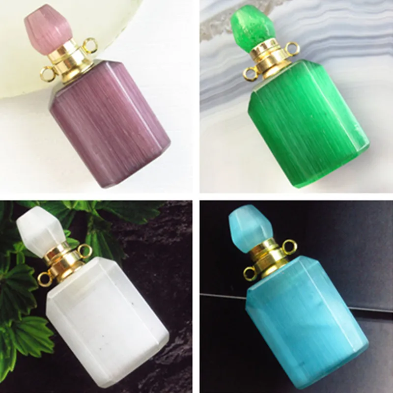 

Faceted Oblong Shaped Perfume Bottle Pendants Cat Eye Gem Essential Oil Diffuser Charms Pendants DIY Jewelry Making