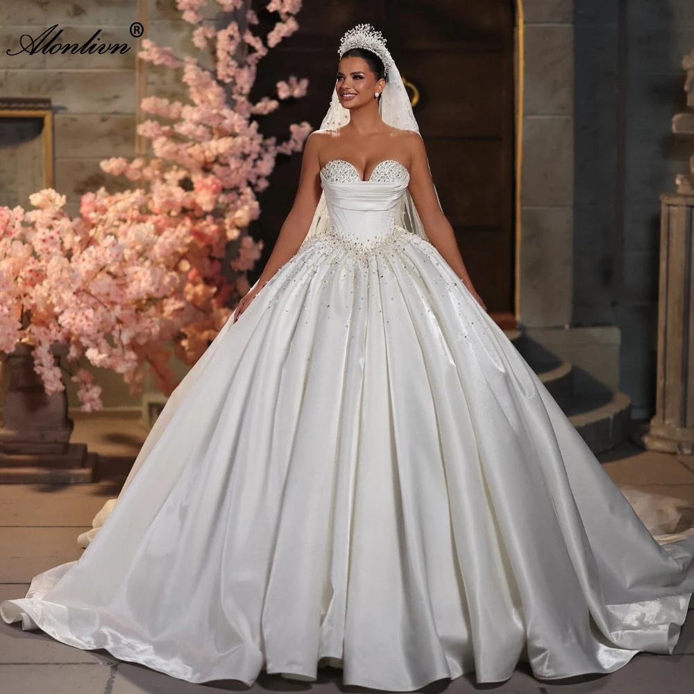 Alonlivn Custom Made Luxurious Satin Sweetheart Ball Gown Wedding Dresses Beaded Pearls And Crystals Sleeveless Bridal Gowns