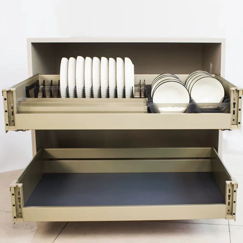 -oo All-aluminum Champagne Gold Bowl and Plate Storage Pull-out Basket Kitchen Cabinet with Double-tier Dish Cabinet Rack